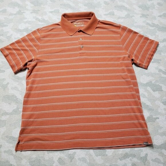 Eddie Bauer Travex Polo Shirt  Mens Large Orange Stripe Short Sleeve - Picture 1 of 5